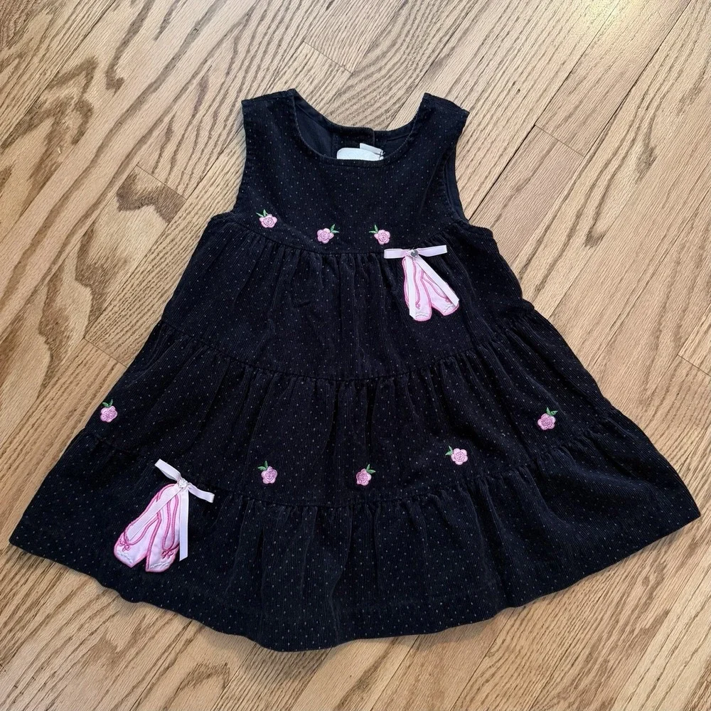 Rare Too Girls 2T Dark Blue Corduroy Jumper Dress Pink Ballet Shoes Embroidered